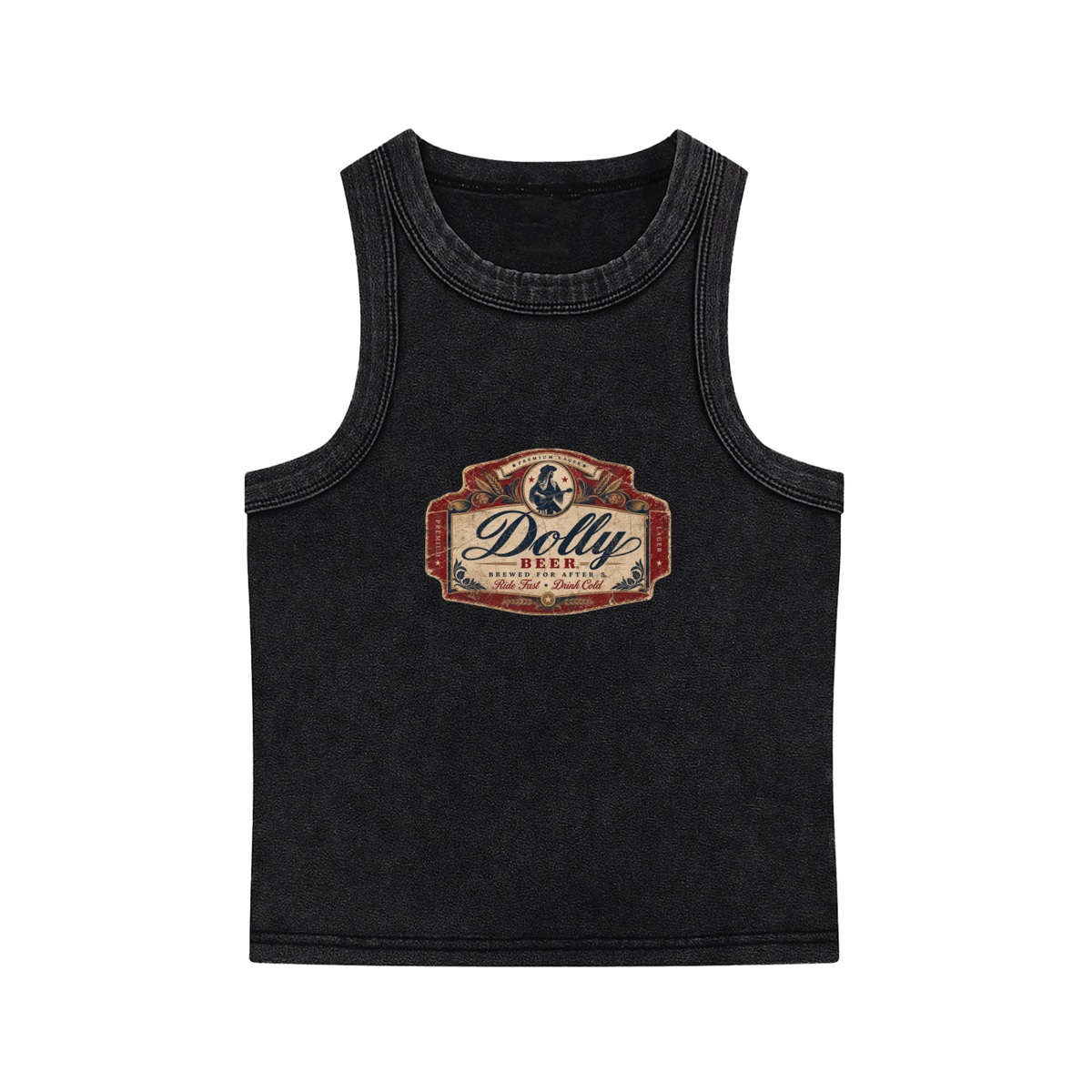 Black mineral-wash 5 O’Clock Tank with a vintage beer-label-inspired chest graphic.