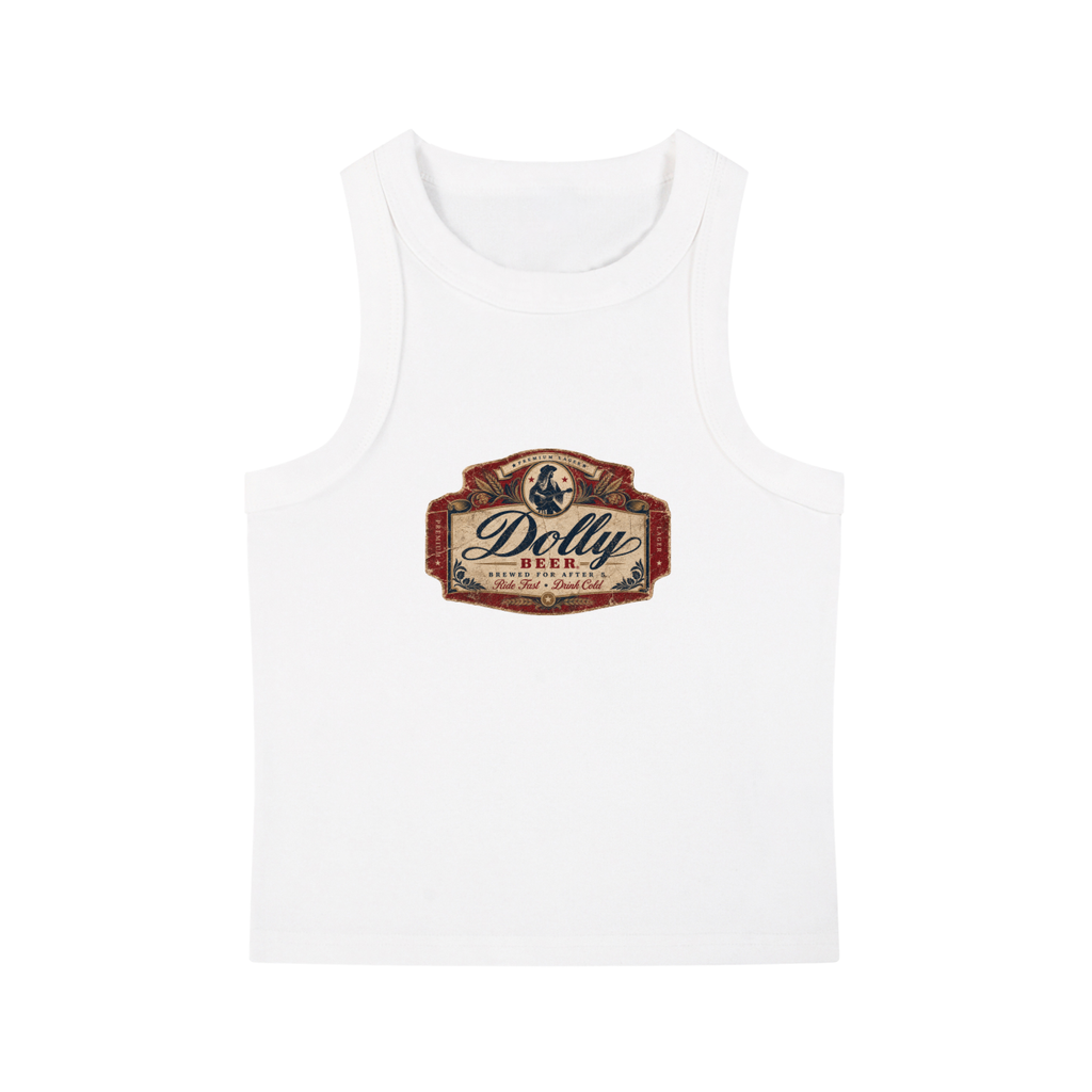 White 5 O’Clock Tank with a vintage beer-label-inspired chest graphic.