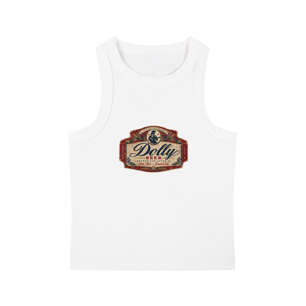 White 5 O’Clock Tank with a vintage beer-label-inspired chest graphic.