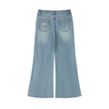 Light blue wide-leg denim jeans shown from the back, featuring a faded wash and embroidered details on the back pockets, set against a plain white background.