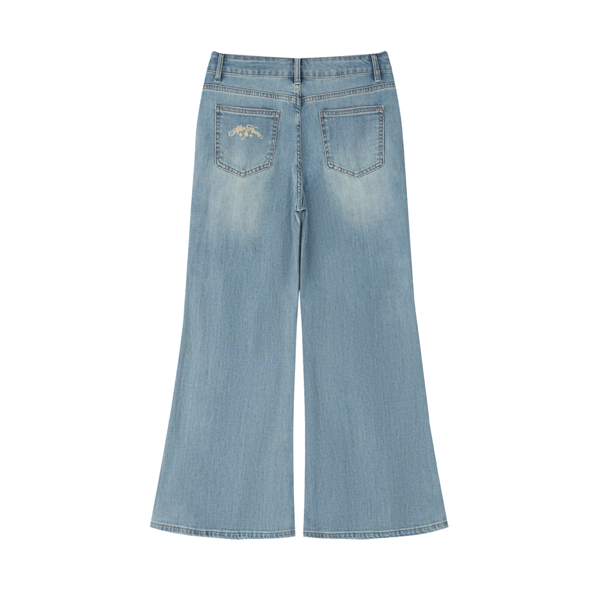 Light blue wide-leg denim jeans shown from the back, featuring a faded wash and embroidered details on the back pockets, set against a plain white background.