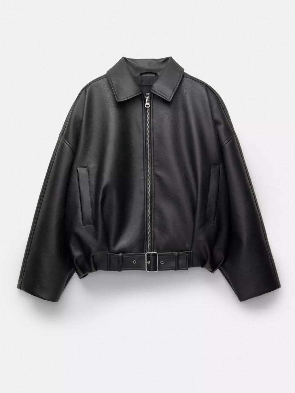 A black faux leather cropped jacket with a zippered front, pointed collar, and matching belt, displayed on a clean white background.