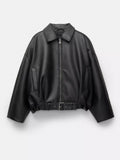 A black faux leather cropped jacket with a zippered front, pointed collar, and matching belt, displayed on a clean white background.
