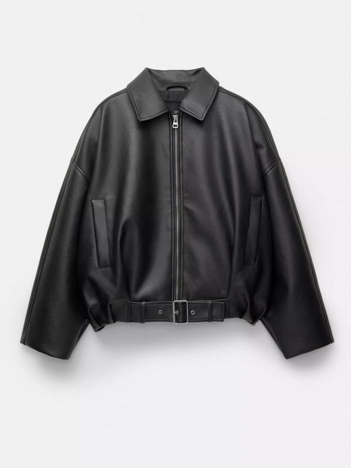 A black faux leather cropped jacket with a zippered front, pointed collar, and matching belt, displayed on a clean white background.