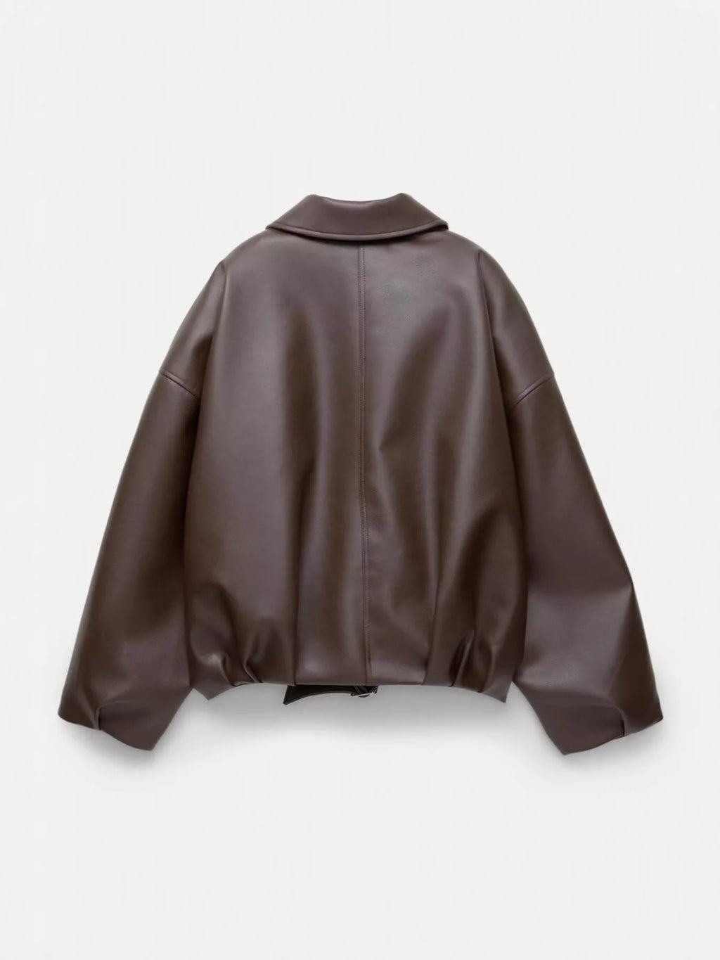 A dark brown faux leather jacket with a wide collar and voluminous balloon sleeves, shown from the back against a light gray background.