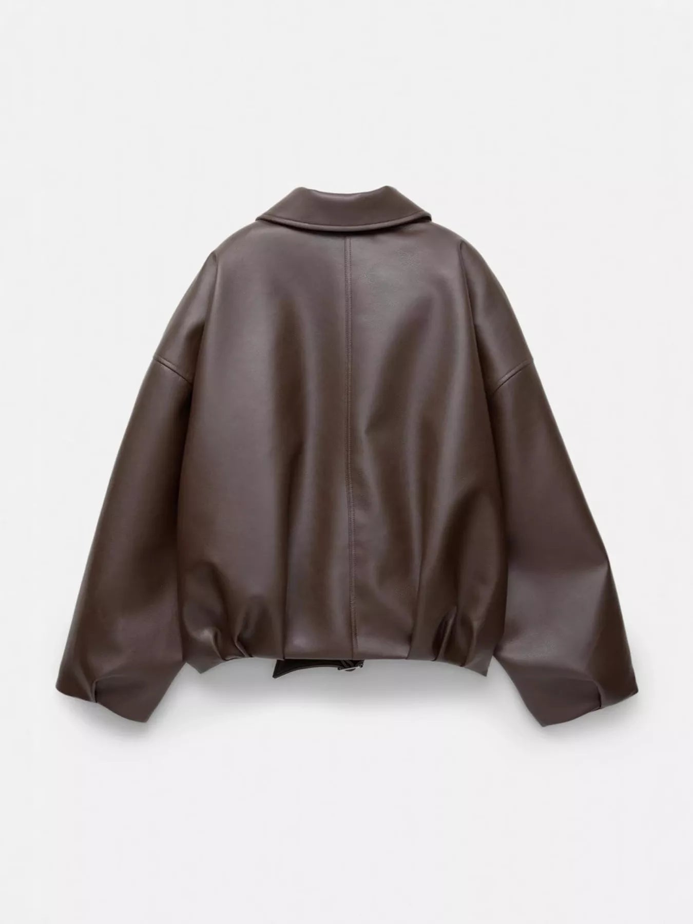A dark brown faux leather jacket with a wide collar and voluminous balloon sleeves, shown from the back against a light gray background.