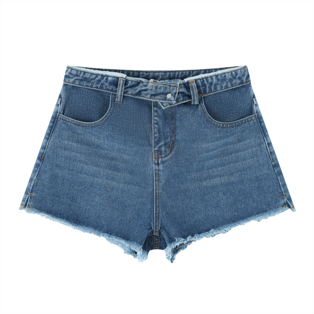 Blue denim shorts on a white background