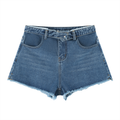 Blue denim shorts on a white background