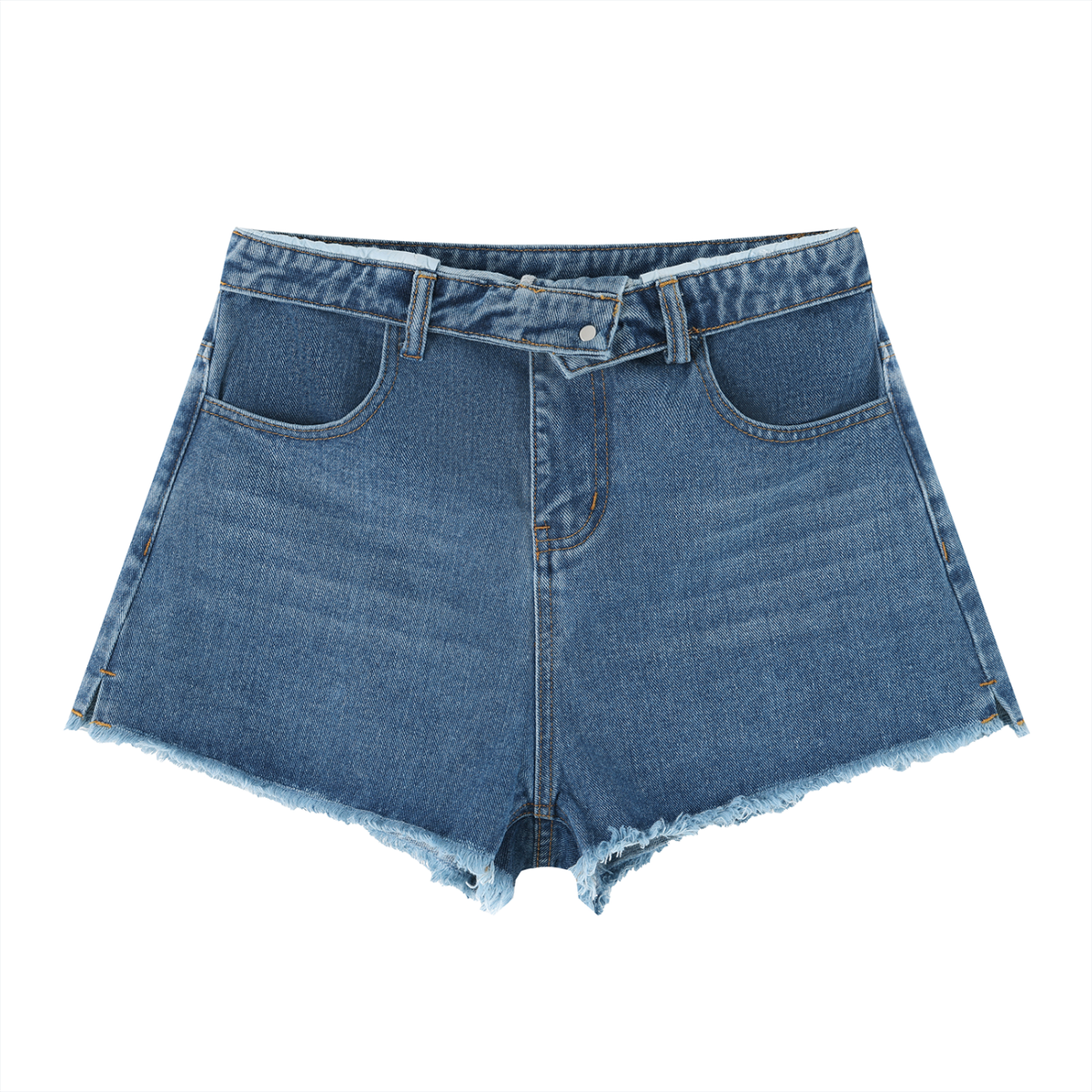 Blue denim shorts on a white background