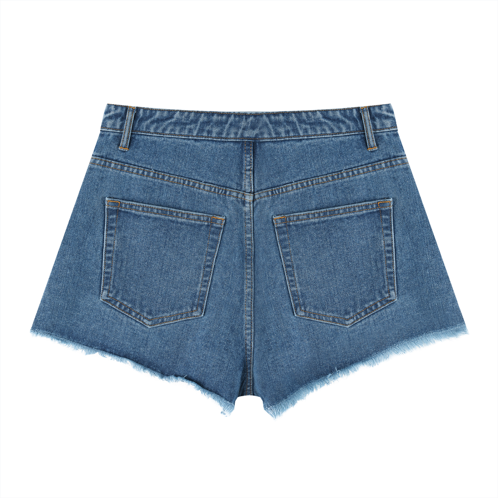Blue denim shorts on a white background