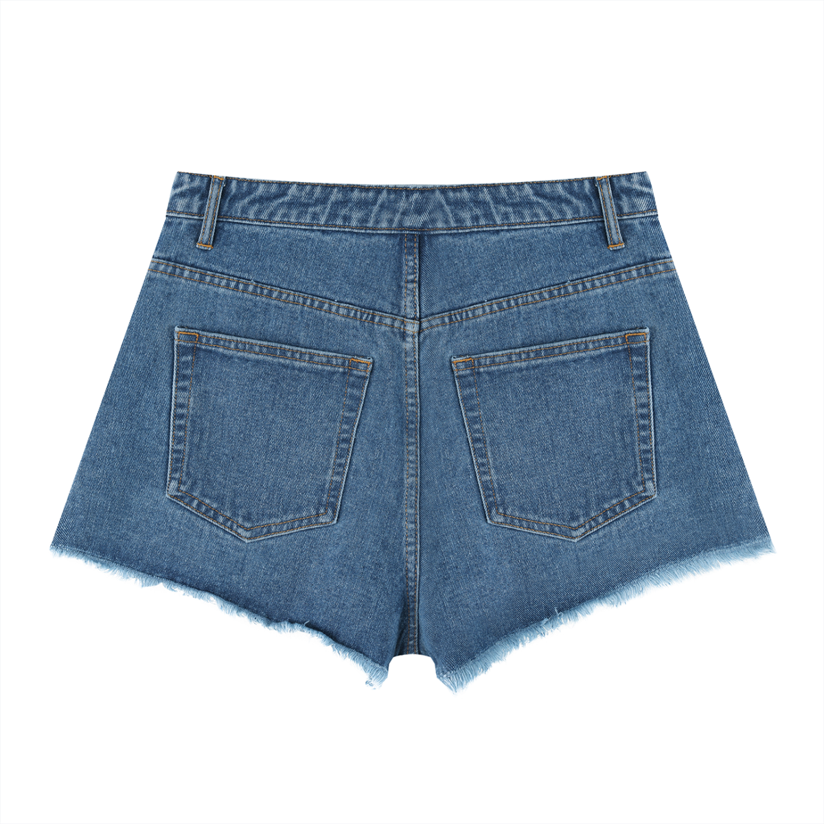Blue denim shorts on a white background