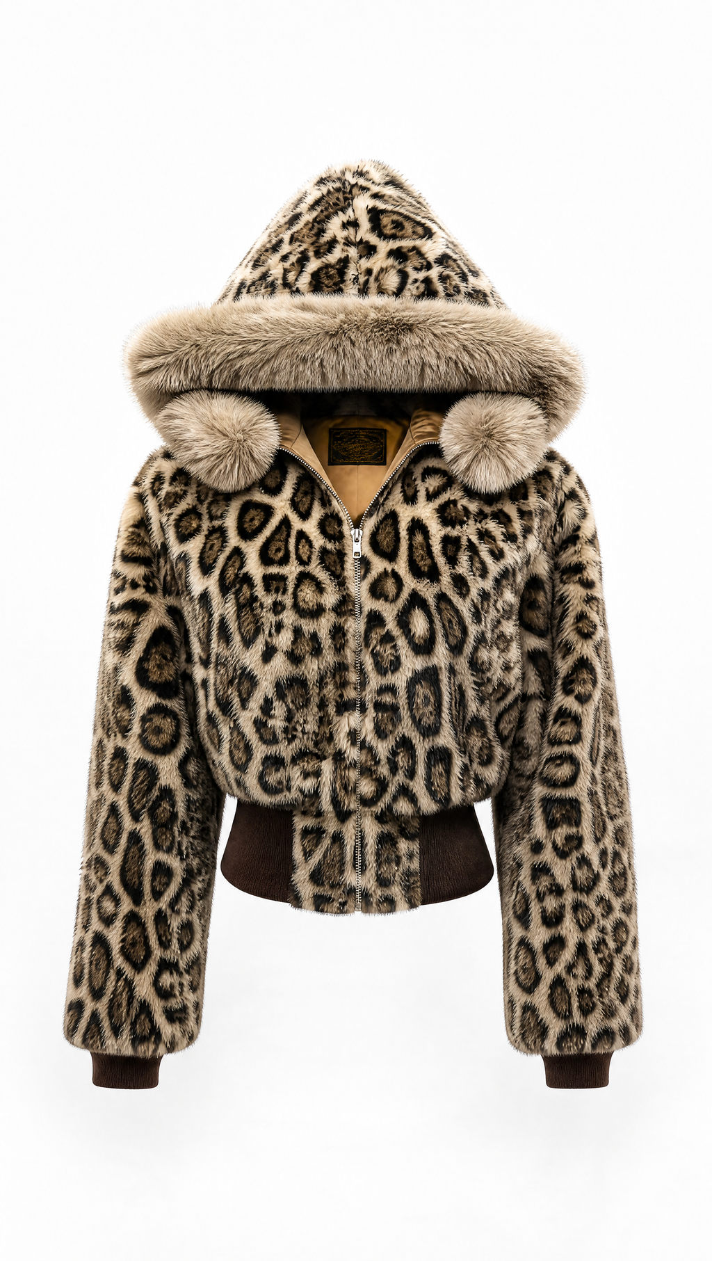 A cropped hooded jacket featuring a leopard print pattern in beige, brown, and black, with a plush beige faux fur trim around the hood and collar, shown against a plain white background.