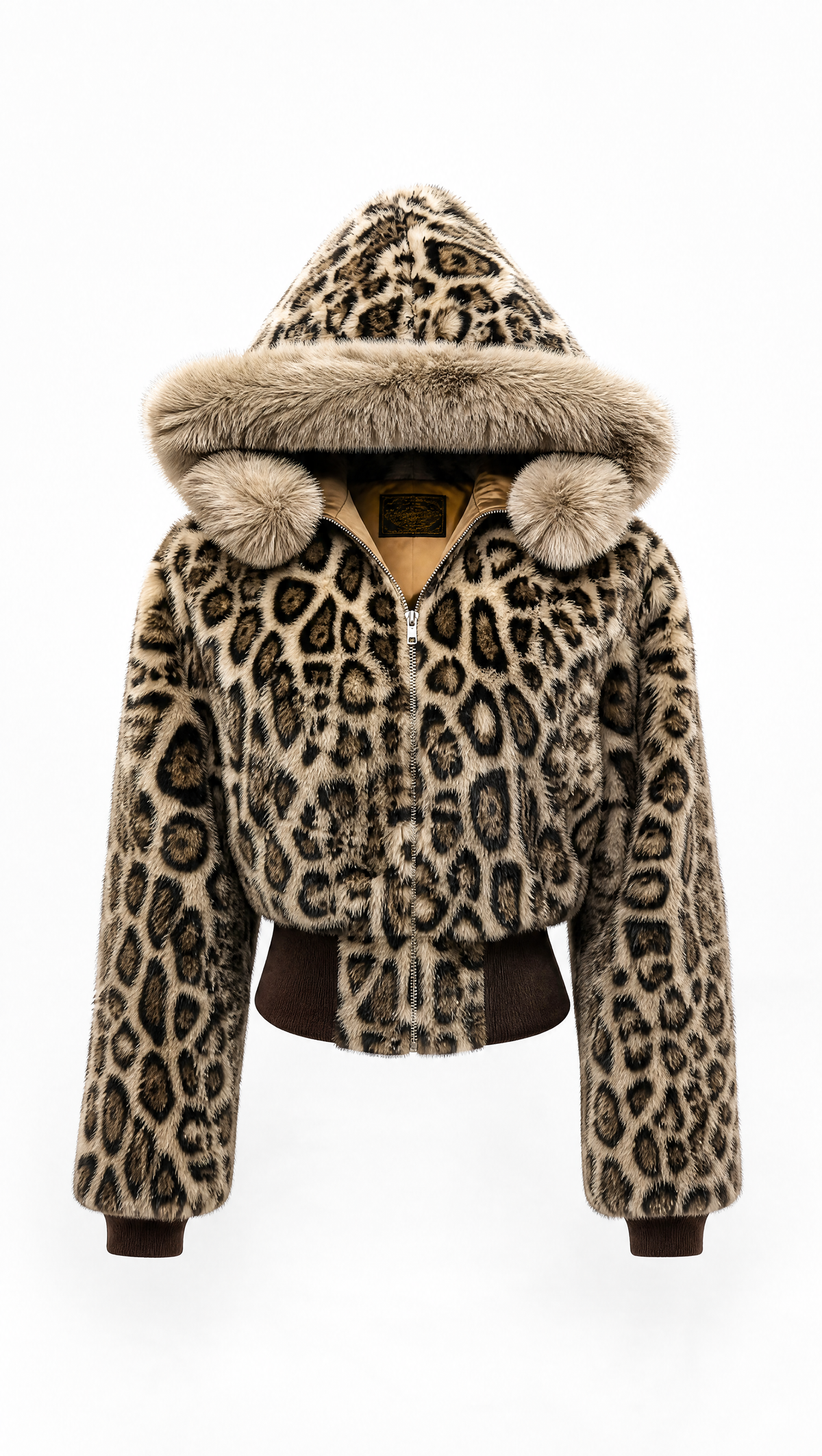 A cropped hooded jacket featuring a leopard print pattern in beige, brown, and black, with a plush beige faux fur trim around the hood and collar, shown against a plain white background.