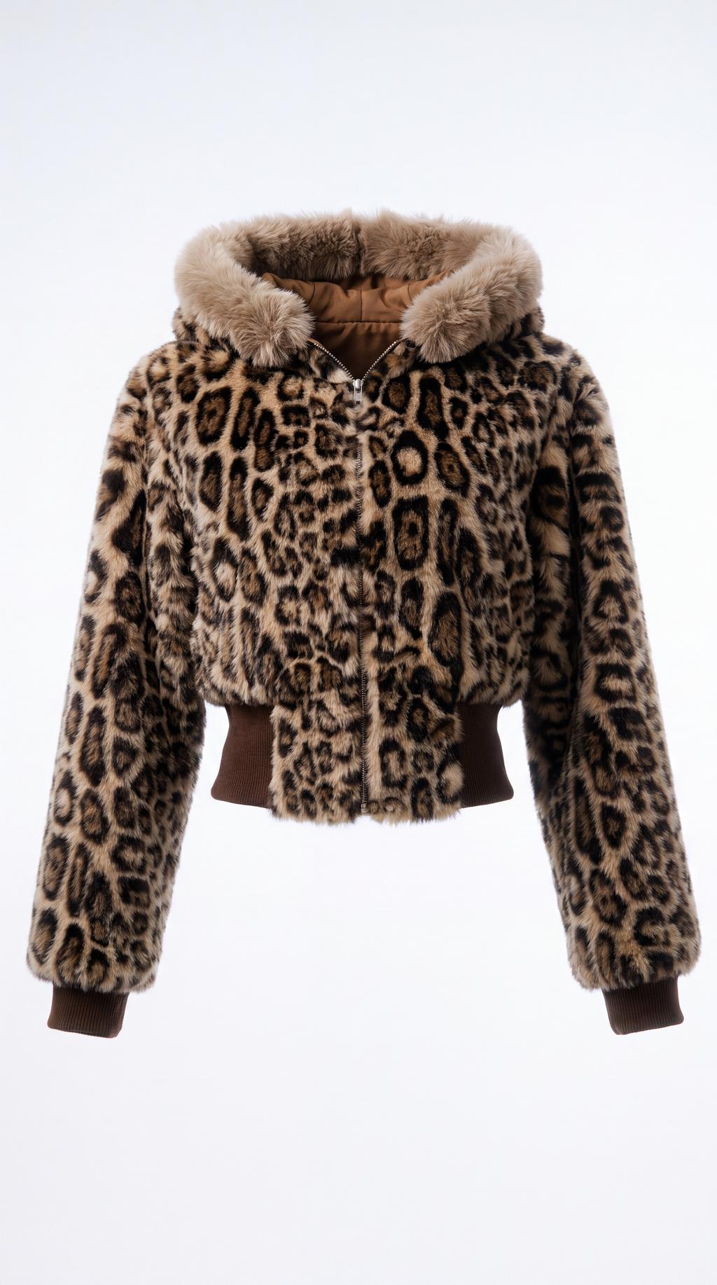 A cropped faux fur jacket with a leopard print pattern, featuring a plush brown faux fur hood trim and a matching brown faux fur belt, shown against a plain white background.