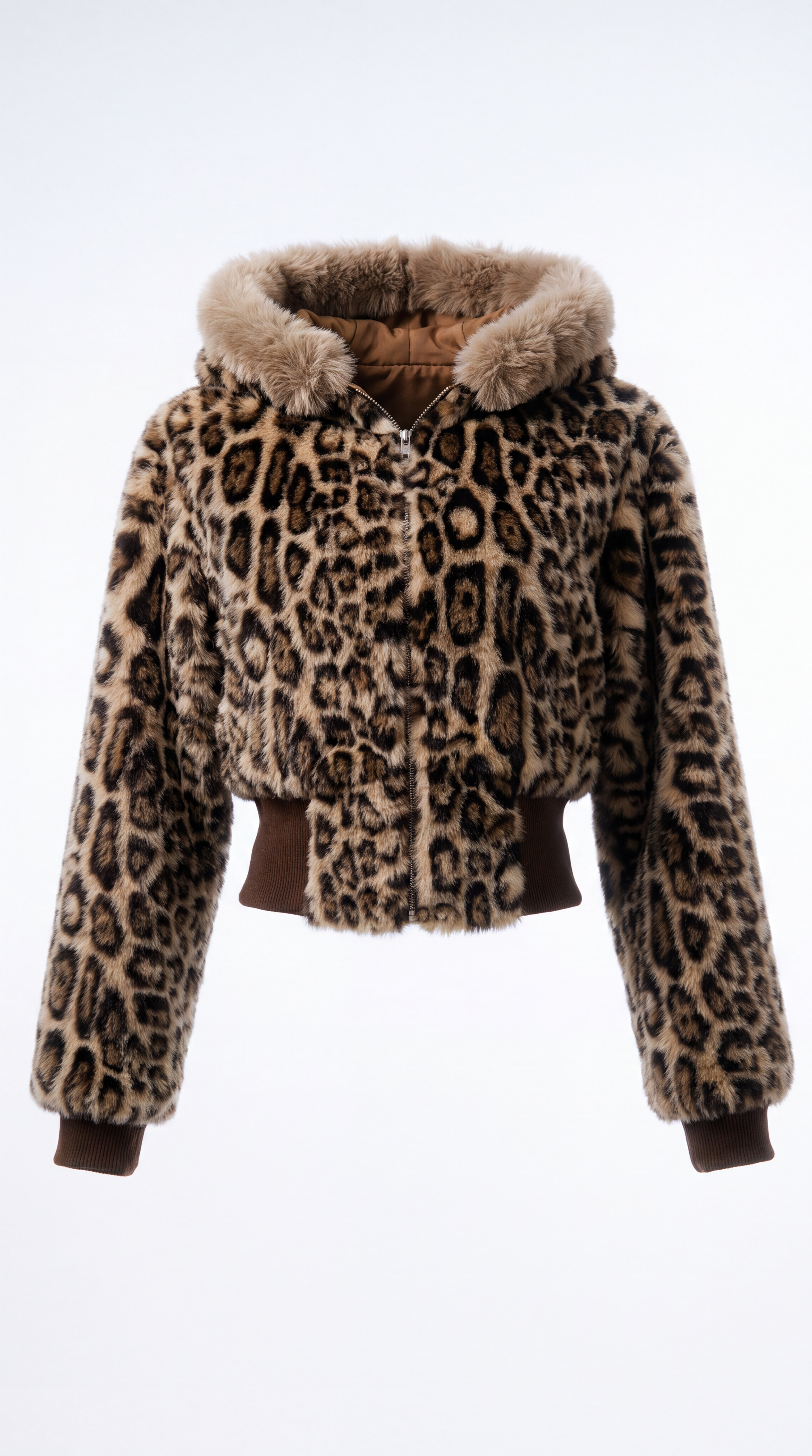 A cropped faux fur jacket with a leopard print pattern, featuring a plush brown faux fur hood trim and a matching brown faux fur belt, shown against a plain white background.