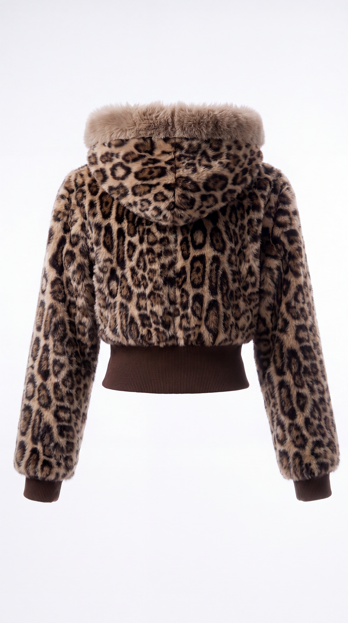 A cropped faux fur jacket with a leopard print pattern, featuring a brown faux fur-trimmed hood and ribbed brown cuffs and hem, shown from the back on a white background.