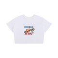 A white cropped short-sleeve t-shirt featuring a graphic print on the chest with a hand holding a wrench and the text 'BLUE COLLAR BABY'.