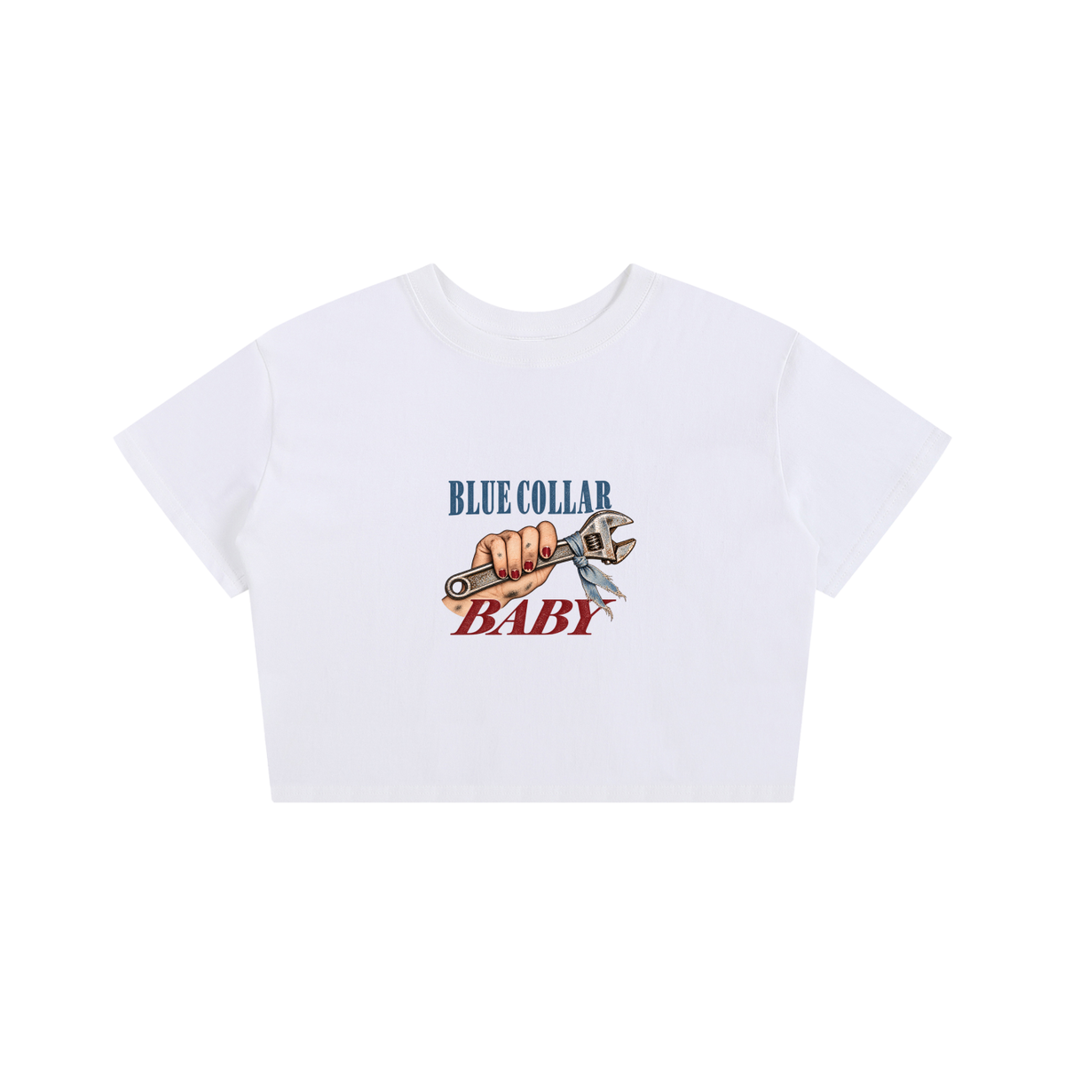 A white cropped short-sleeve t-shirt featuring a graphic print on the chest with a hand holding a wrench and the text 'BLUE COLLAR BABY'.