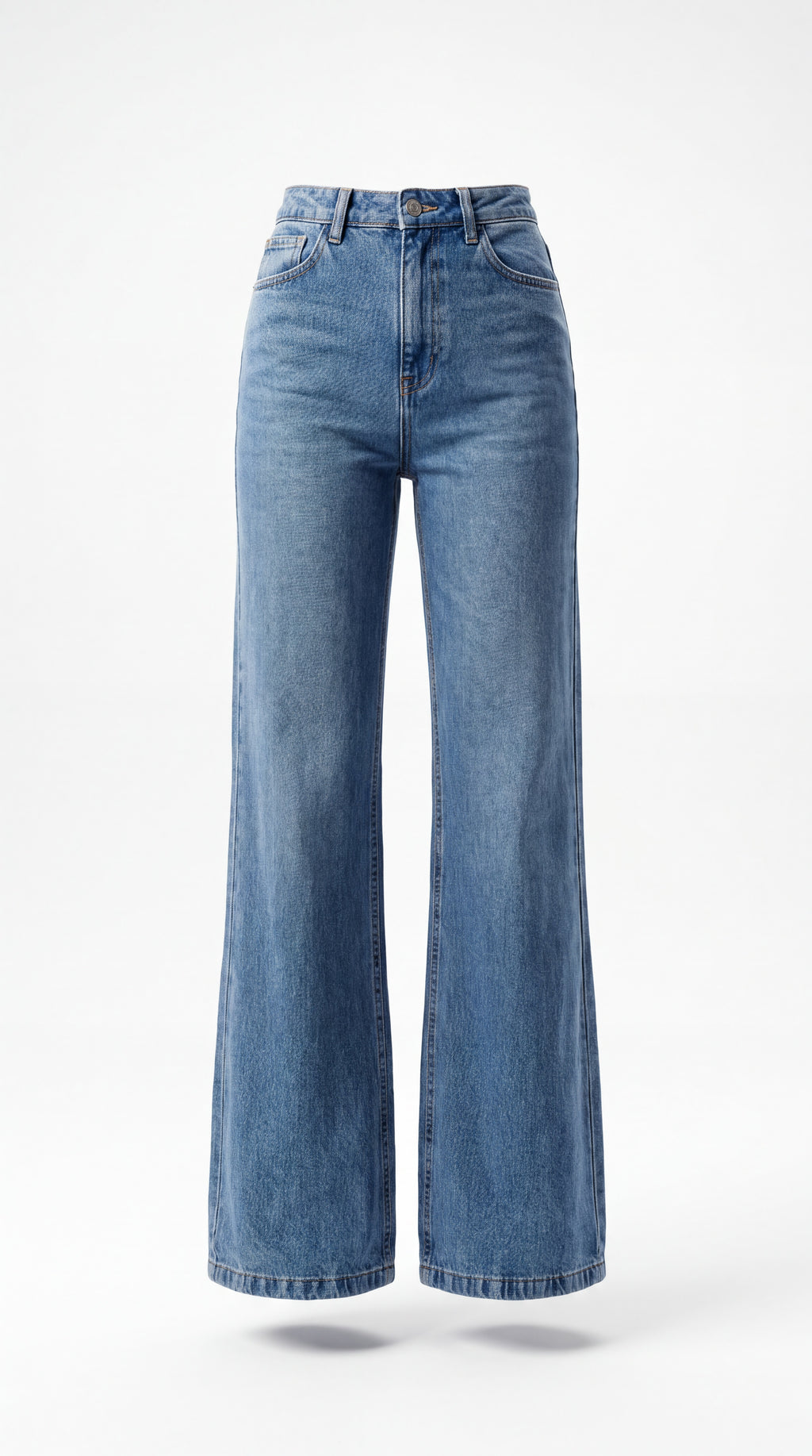 A pair of high-waisted, wide-leg blue denim jeans shown on a ghost mannequin against a plain white studio background.