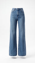 A pair of high-waisted, wide-leg blue denim jeans shown on a ghost mannequin against a plain white studio background.