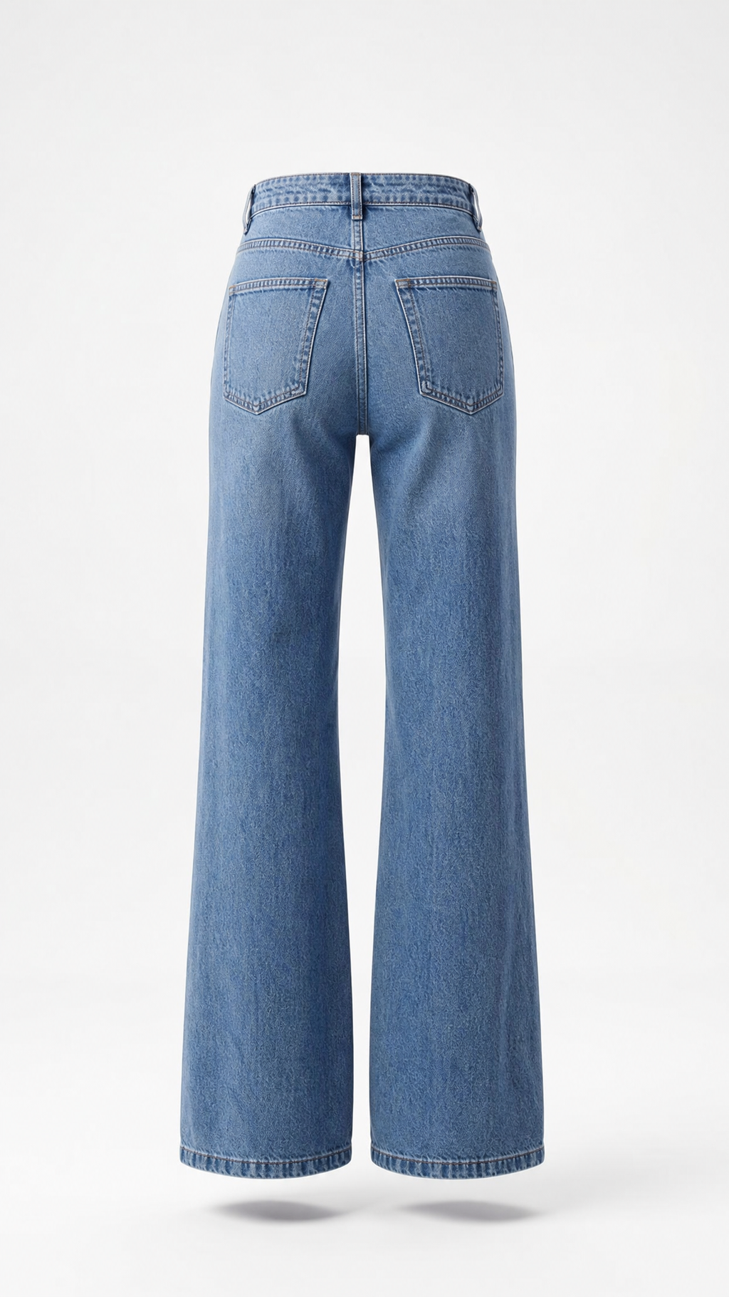A pair of high-waisted, wide-leg blue denim jeans shown from the back, featuring a button closure and two back pockets, set against a plain white studio background.
