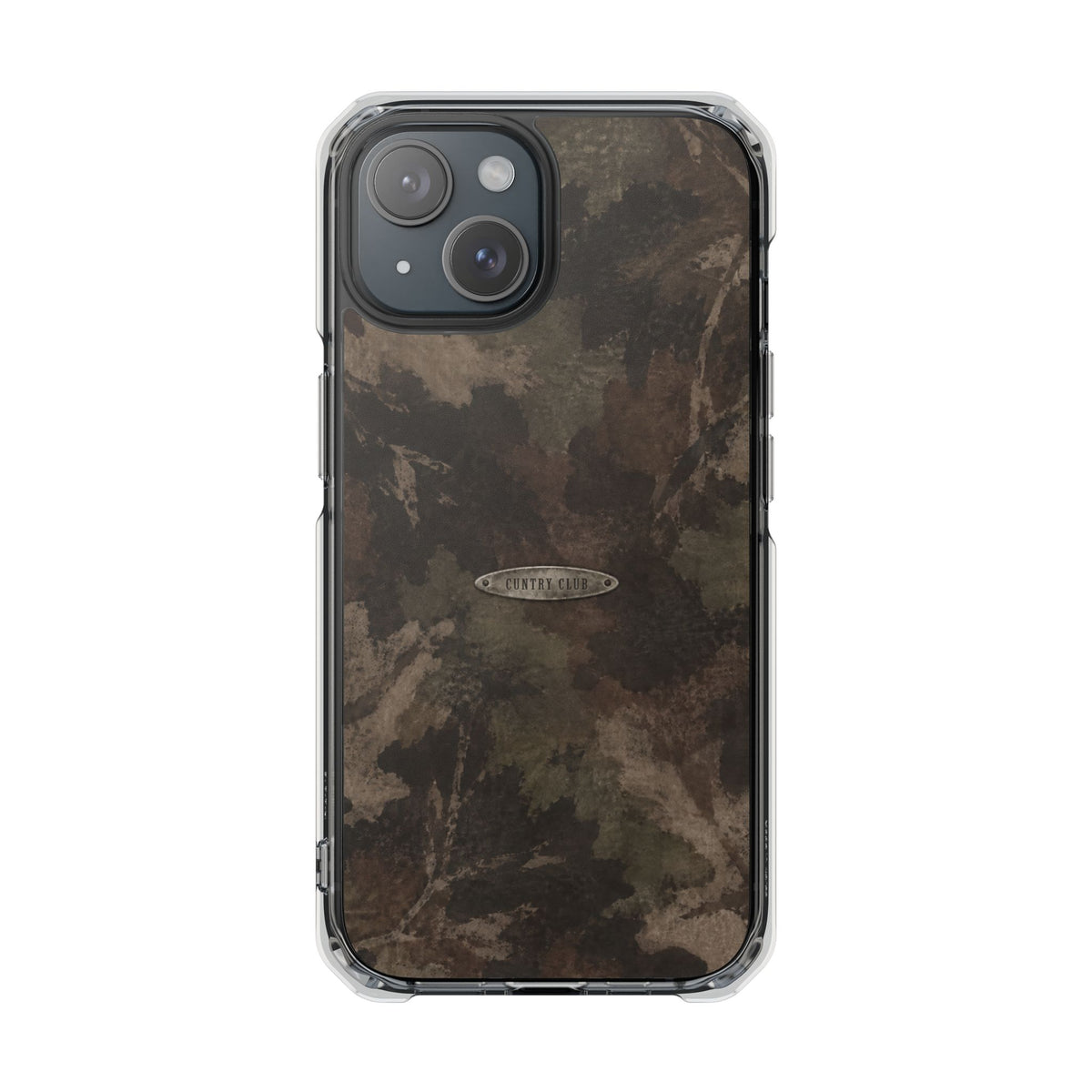 A clear protective phone case with a dark brown and black camouflage pattern insert, shown on a white background.