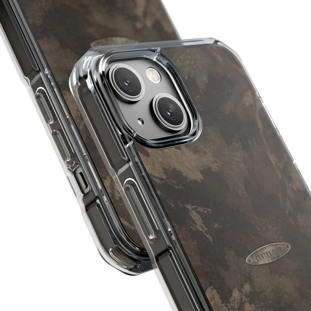 A clear protective phone case with a black back panel decorated with elegant gold floral line art, shown fitted on a smartphone against a white background.