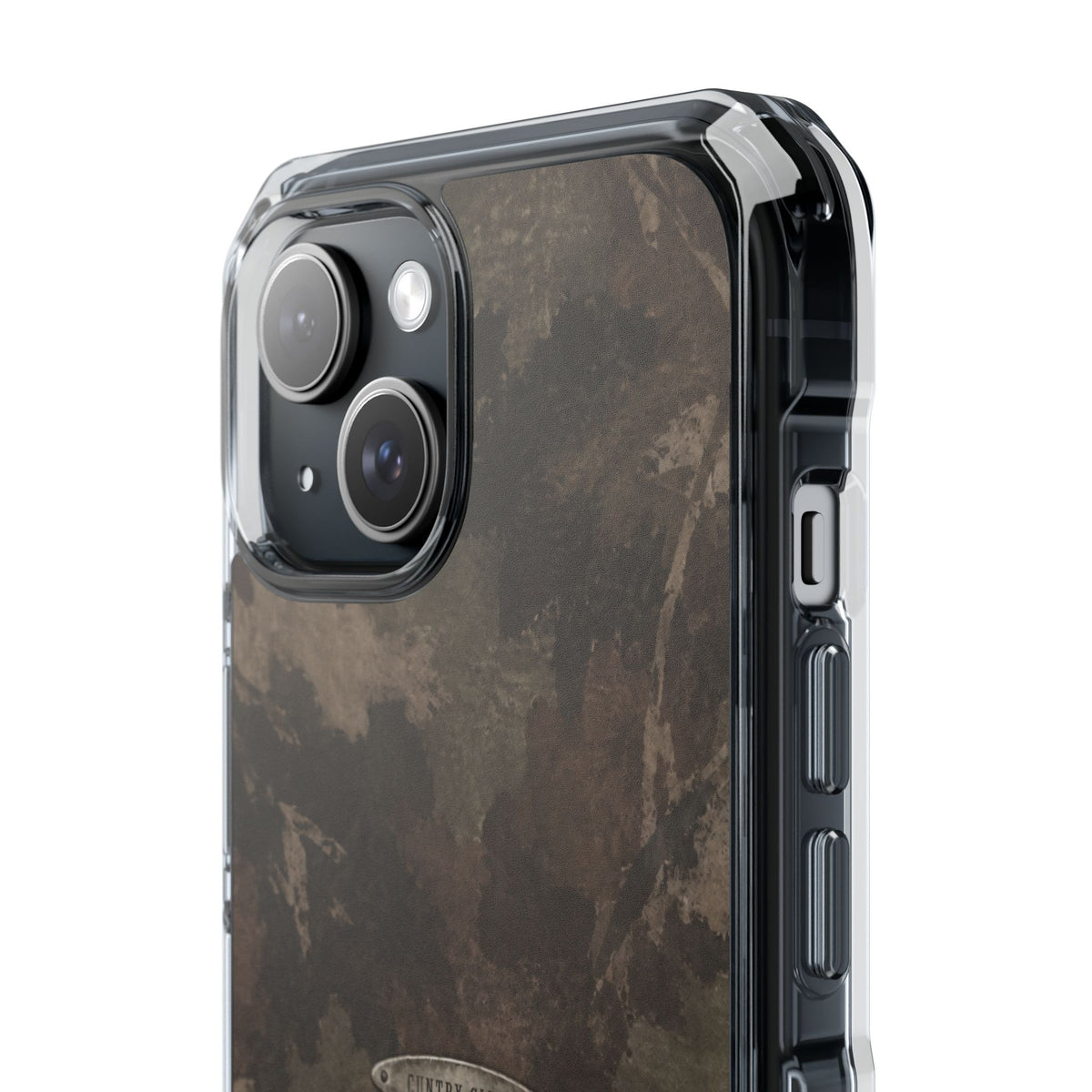 A close-up of a rugged phone case with a dark brown and black camouflage pattern, fitted on a smartphone, shown against a plain white background.
