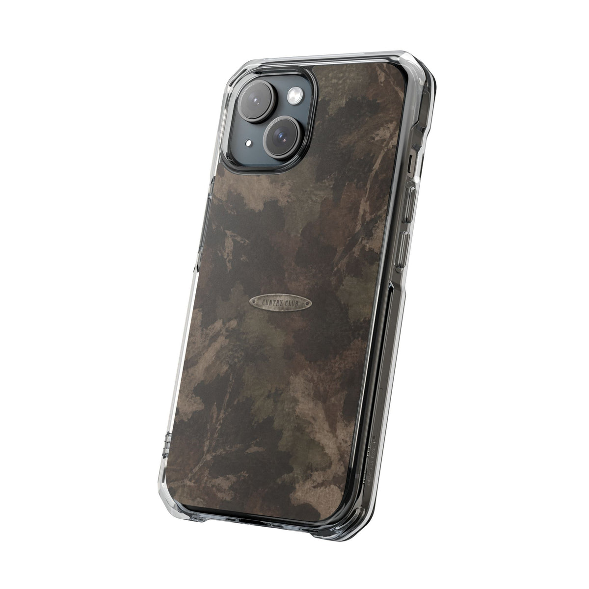 A clear protective phone case with a dark brown and black camouflage pattern, shown on a smartphone against a plain white background.
