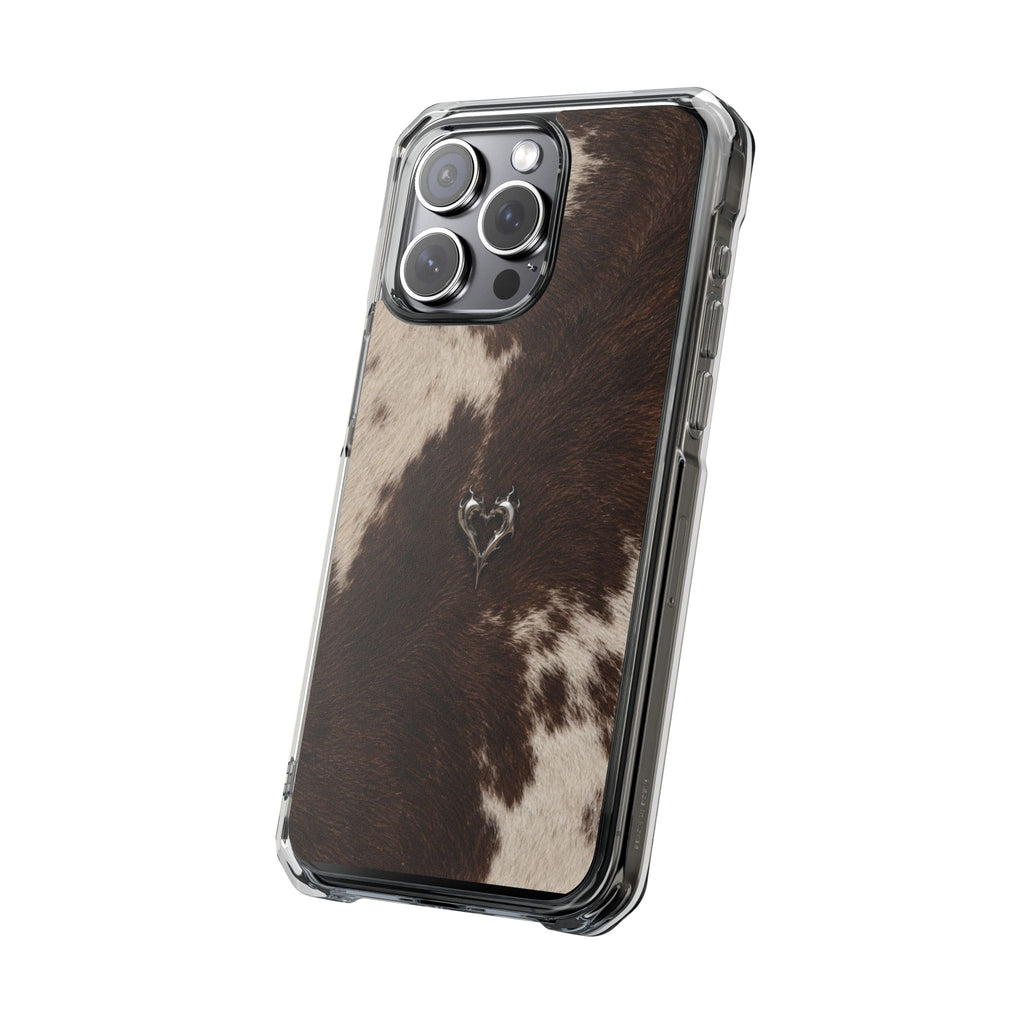 A clear protective phone case with a brown and beige cowhide print backplate, shown on a black smartphone against a plain white background.