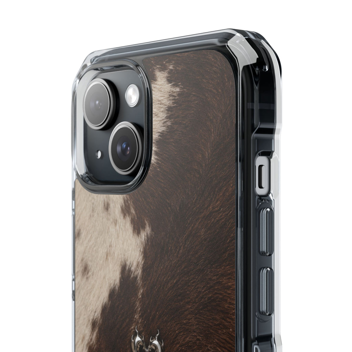 A close-up of a phone case featuring a brown and beige cowhide print, fitted on a smartphone with a clear protective bumper edge.