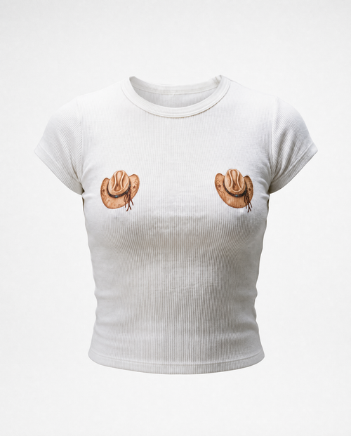 A white ribbed short-sleeve crop top featuring two embroidered cowboy hats on the chest, displayed against a light gray background.