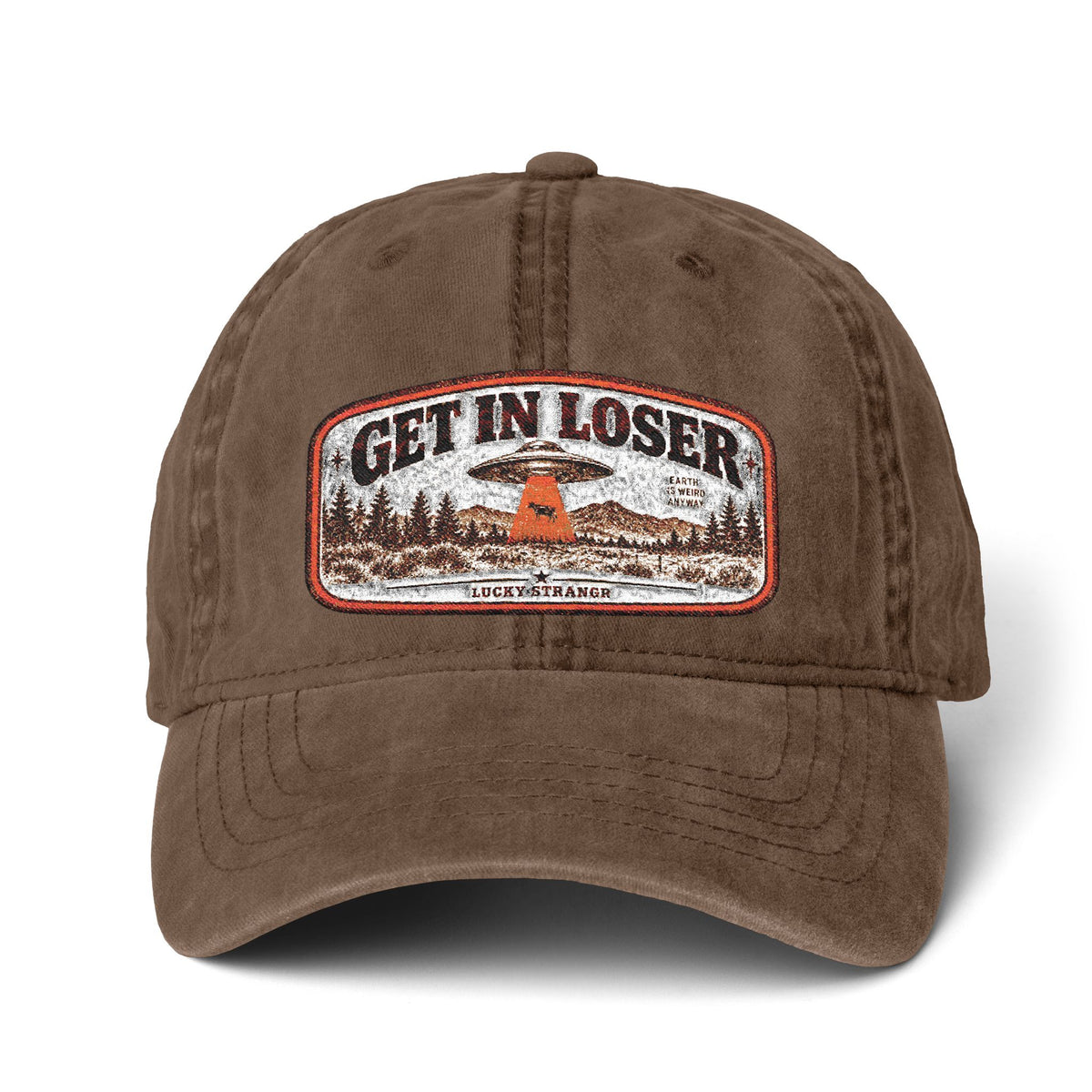 A brown washed cotton baseball cap featuring a rectangular embroidered patch on the front with the text 'GET IN LOSER' and a UFO over a campfire scene, set against a plain white background.