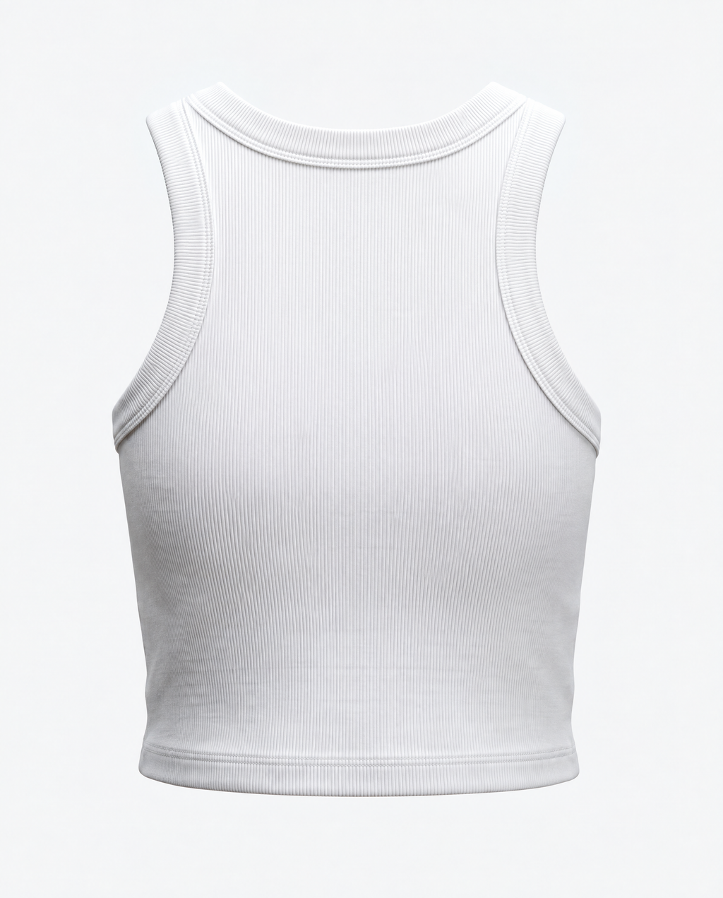 A white ribbed tank top shown from the back on a light gray background.