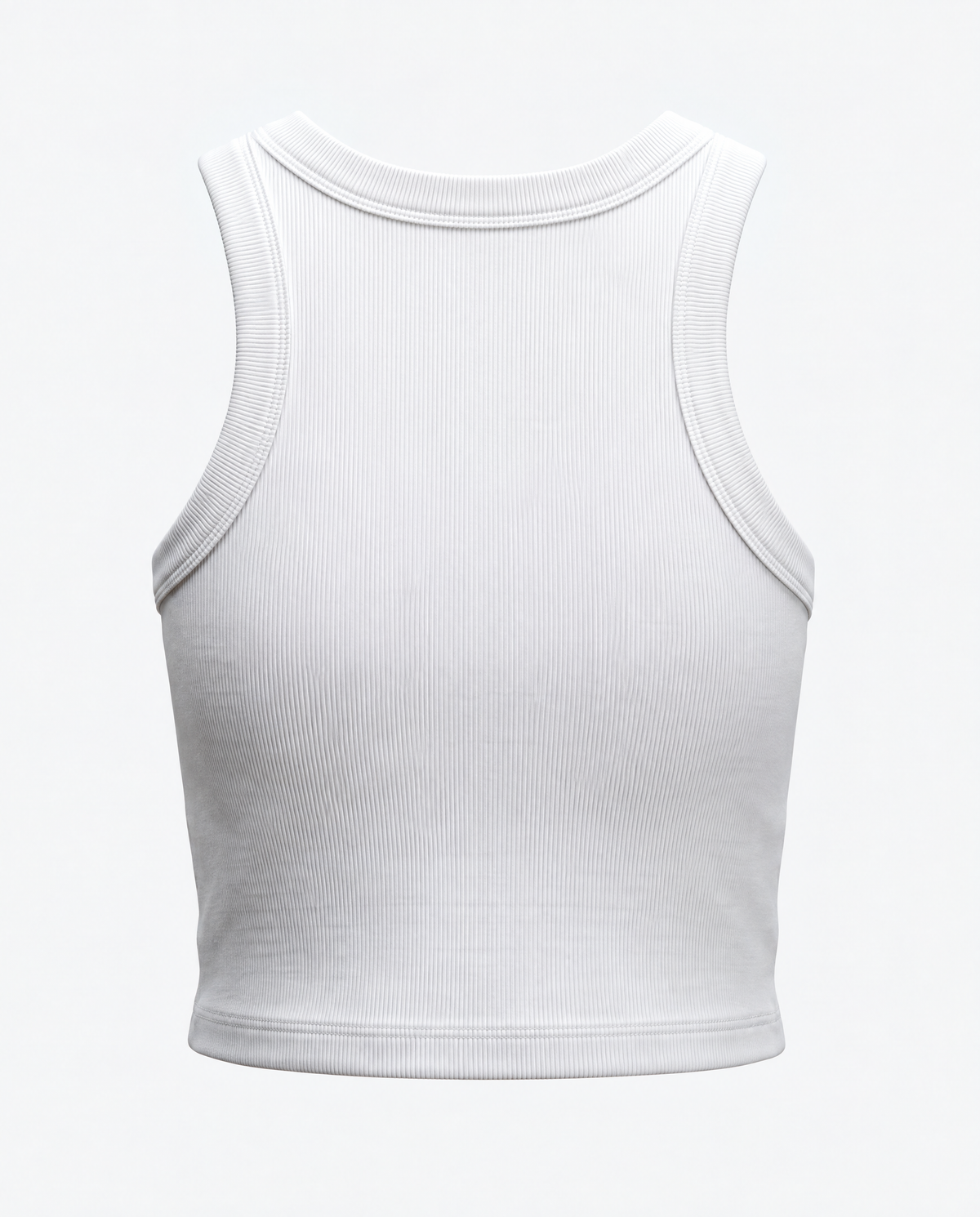 A white ribbed tank top shown from the back on a light gray background.