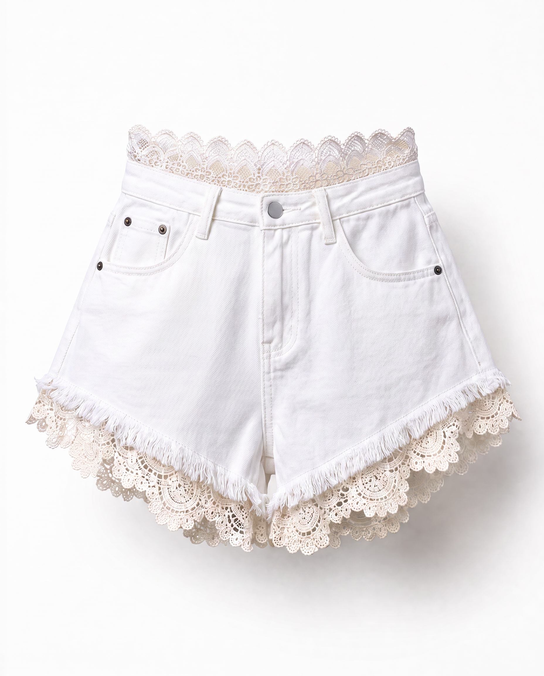 High-waisted Lace Denim Shorts