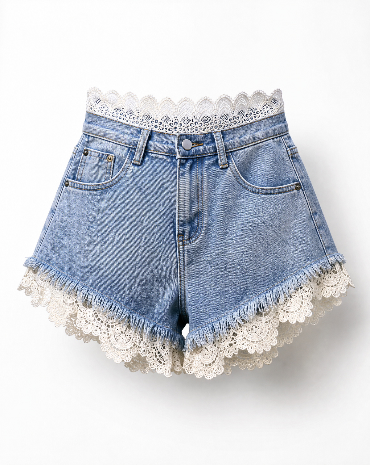 High-waisted Lace Denim Shorts