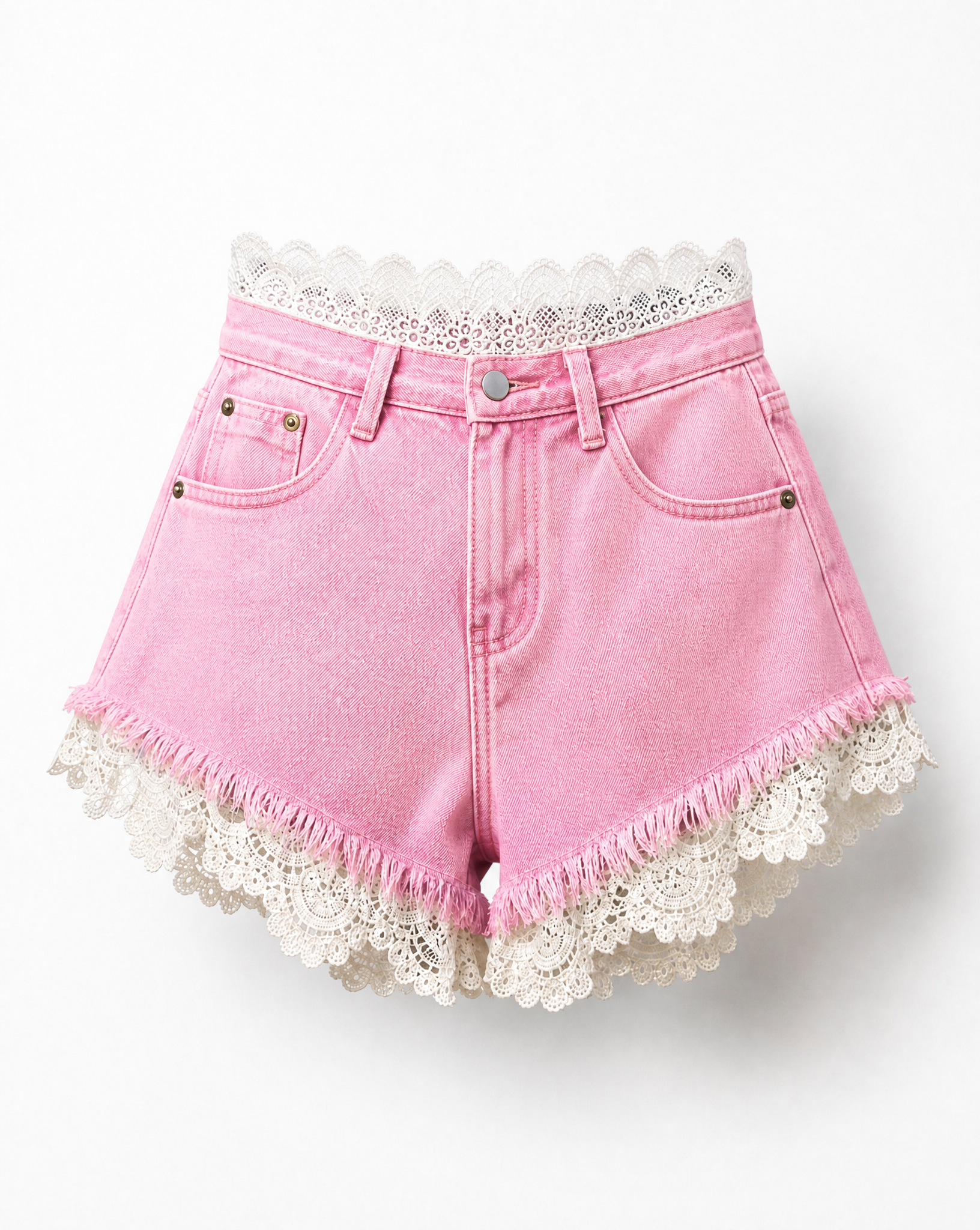 High-waisted Lace Denim Shorts