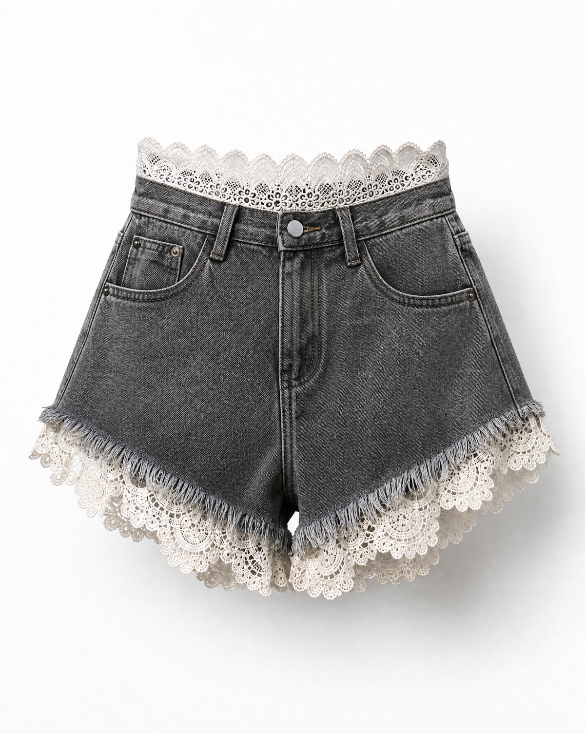 High-waisted Lace Denim Shorts