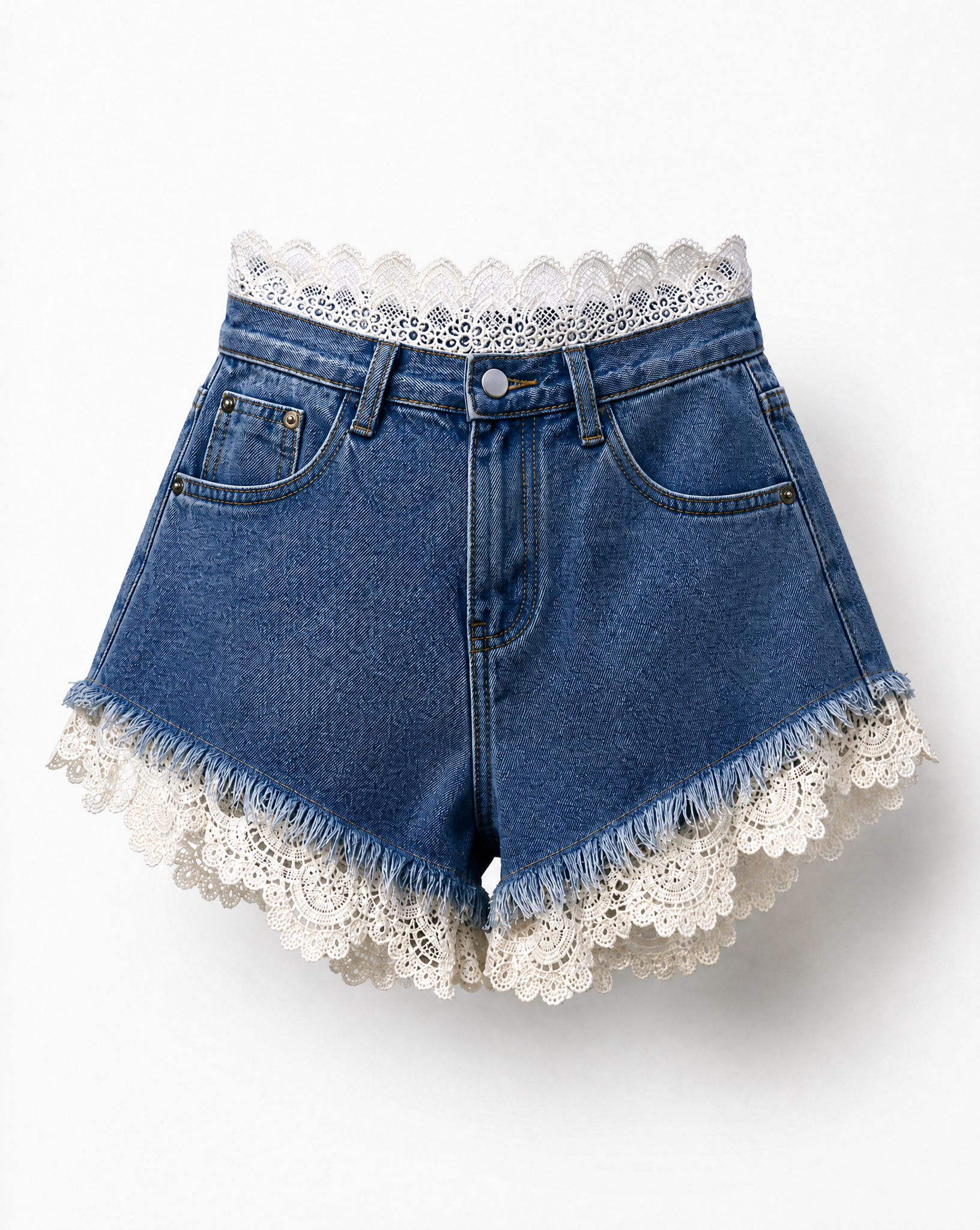 High-waisted Lace Denim Shorts