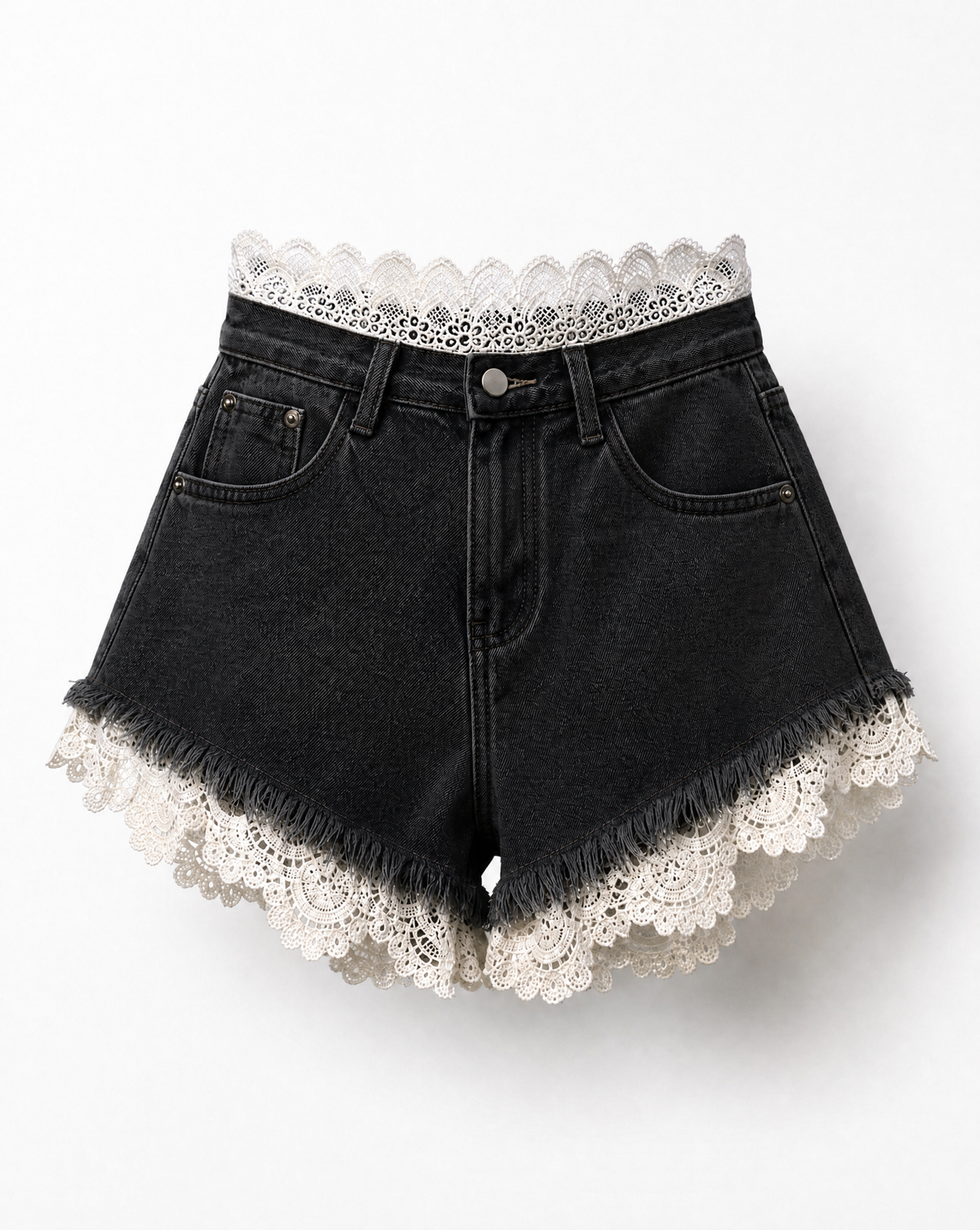 High-waisted Lace Denim Shorts
