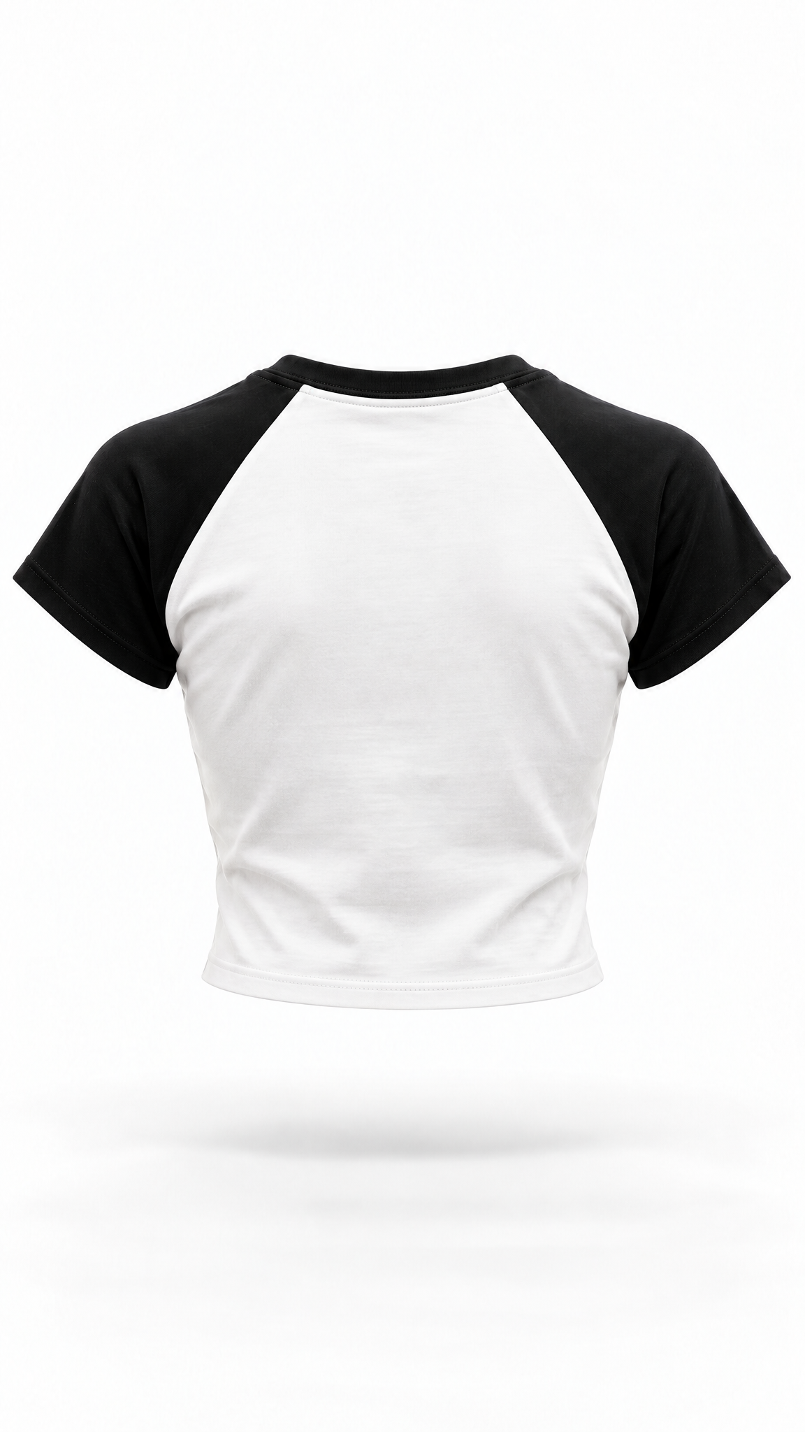 A short-sleeve raglan crop top with a white body and black sleeves, shown against a plain white background.