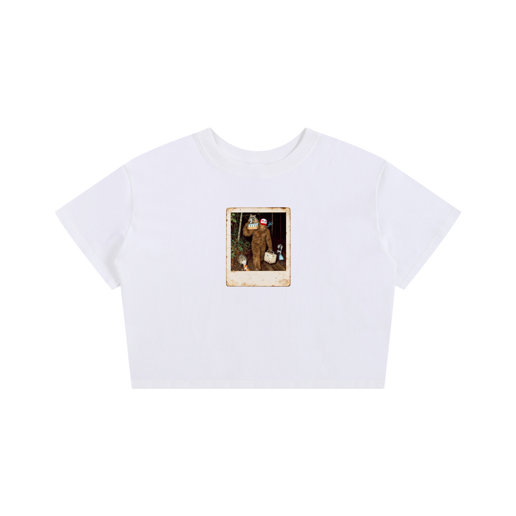 White t-shirt with a Bigfoot graphic on a white background