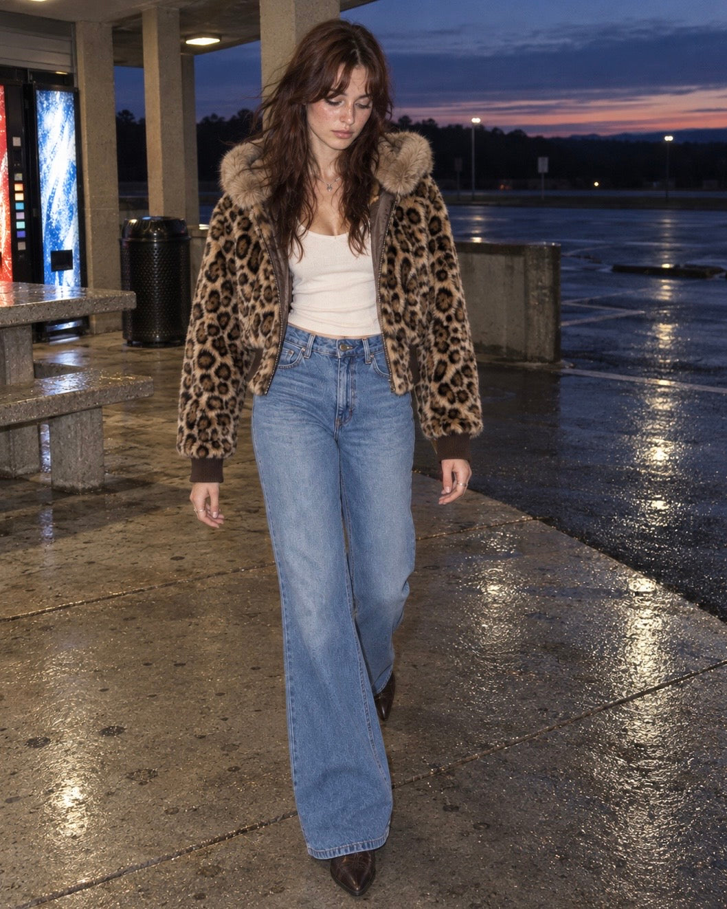A woman walking outdoors at dusk wearing a leopard-print faux fur jacket over a white tank top and light-wash flare jeans.