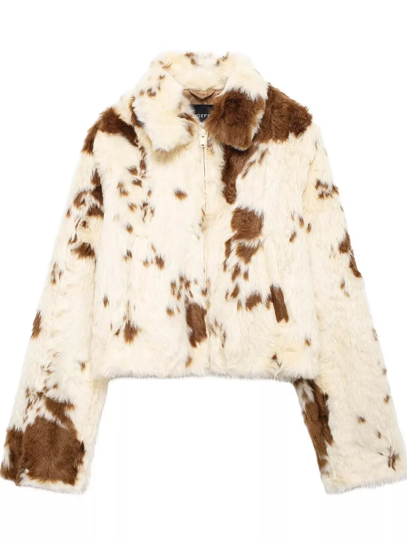 Faux fur jacket with brown and white cow print pattern on a white background