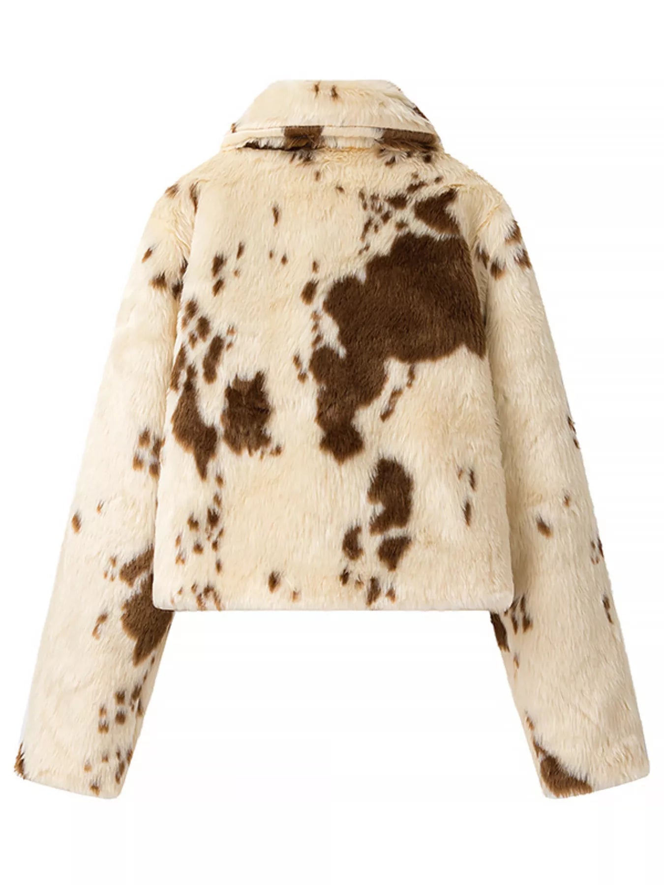 Faux fur jacket with brown and white cow print pattern on a white background