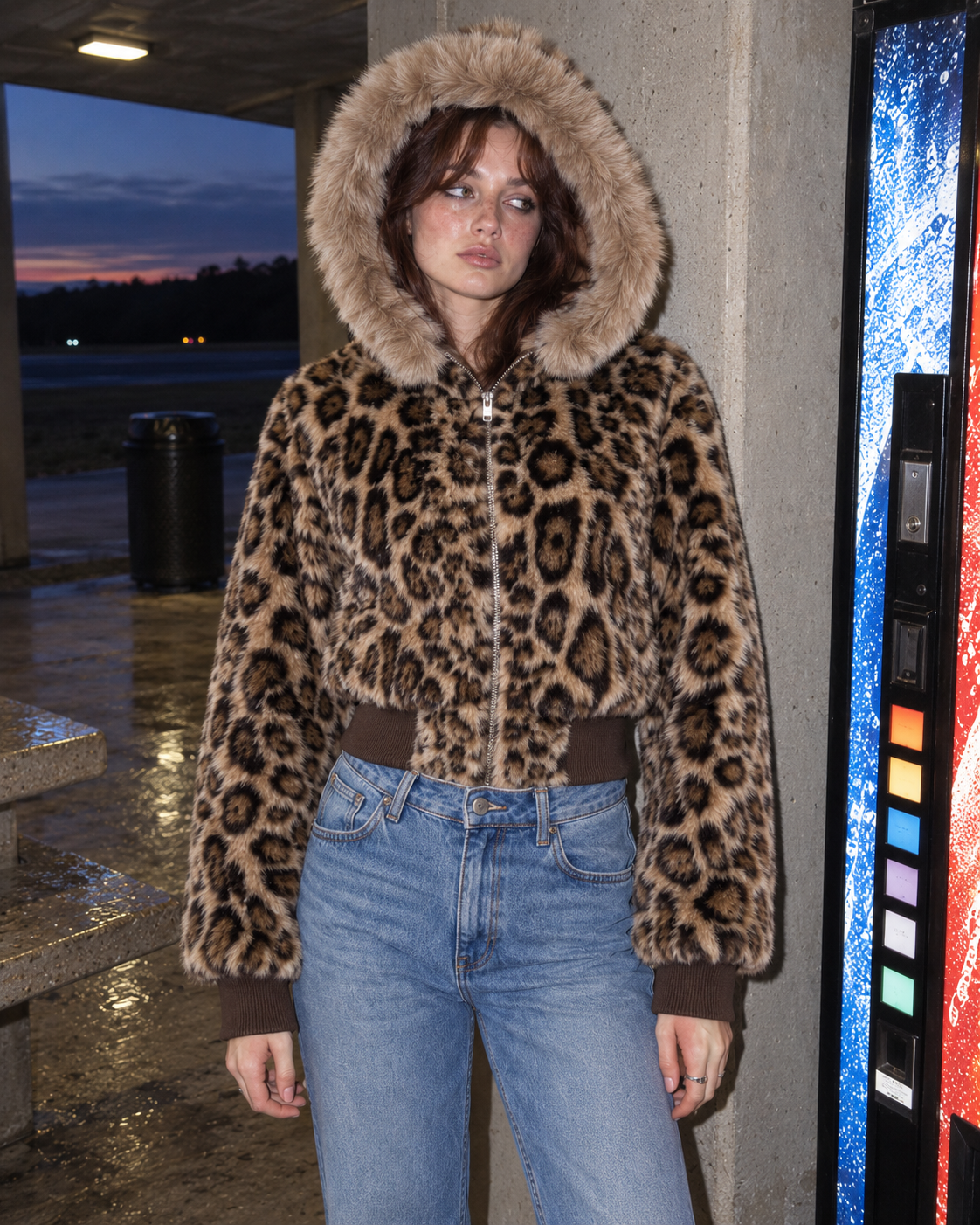A woman wearing a brown and black leopard-print faux fur hooded jacket with a brown faux fur trim, paired with light-wash blue jeans, standing in an outdoor covered walkway.