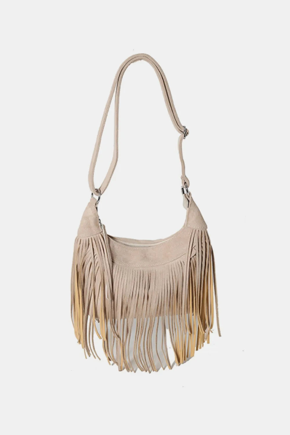 Beige fringe handbag on a white background