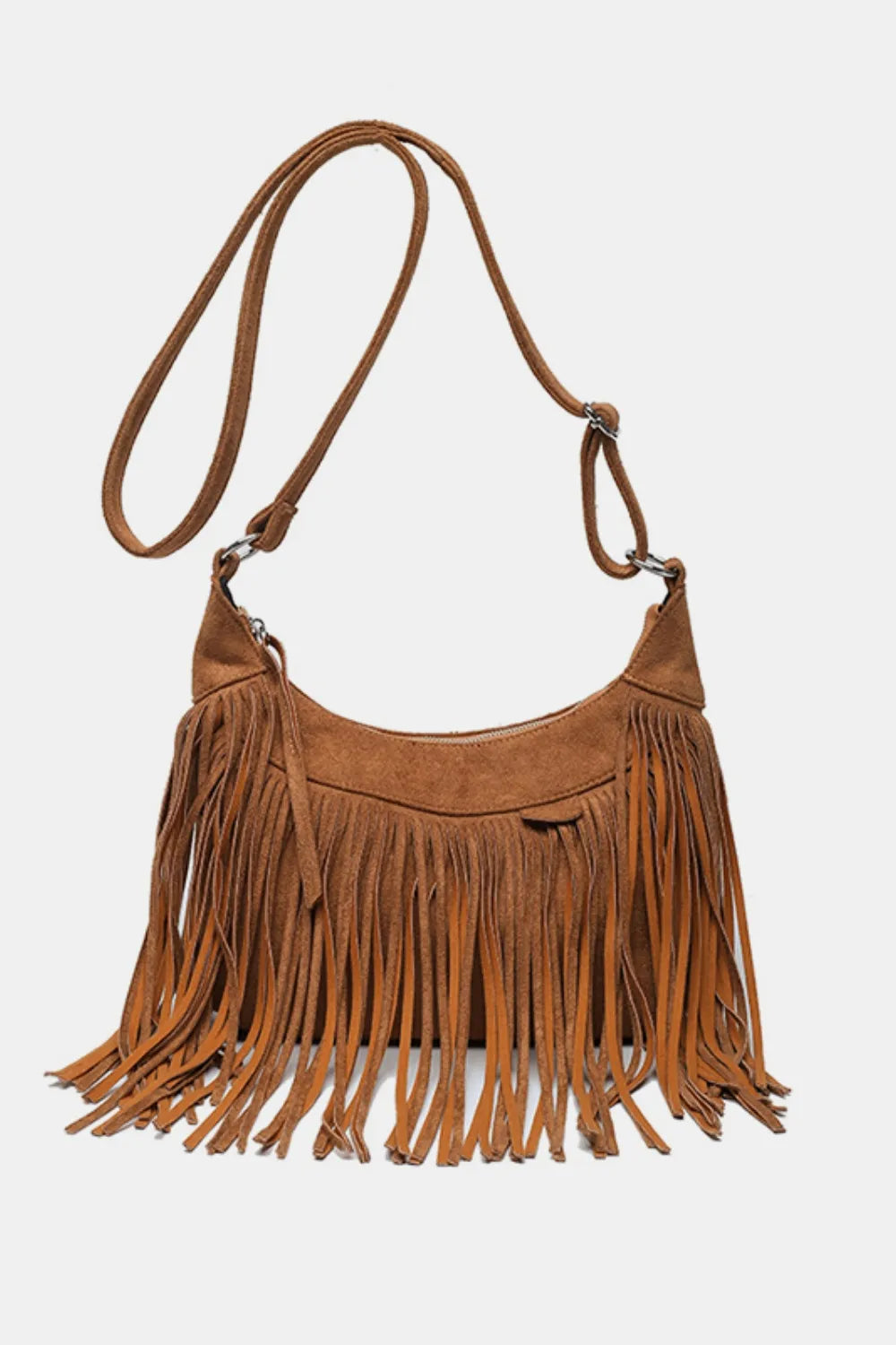 A brown suede crescent-shaped shoulder bag with long fringe detailing and a matching adjustable shoulder strap, shown against a plain light gray background.
