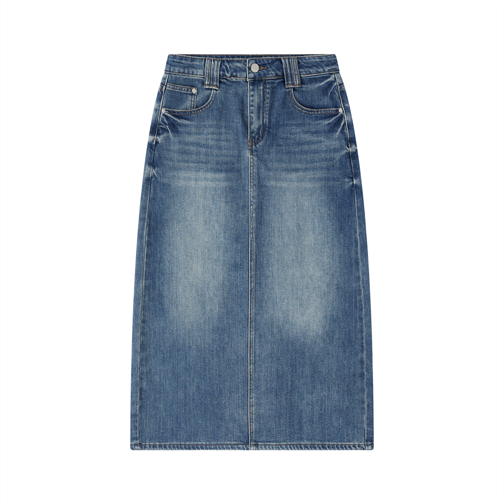 Blue denim skirt on a white background